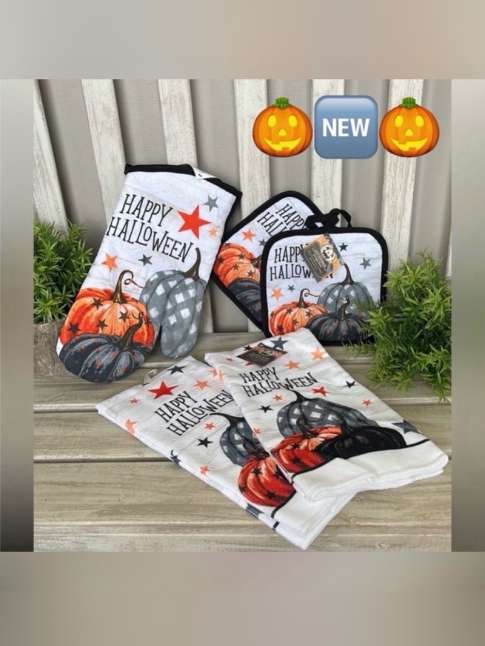 Happy Halloween Charming 5pcs kitchen linen set… Towel, Pot Holders & Mitt ~New~
